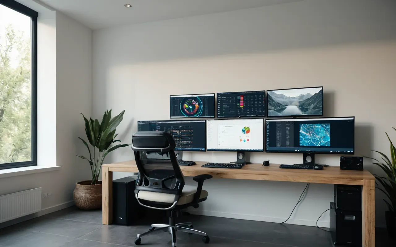 Wide shot of a modern home office with multiple computer monitors displaying colorful abstract graphics and ergonomic chair under soft natural daylight from large windows