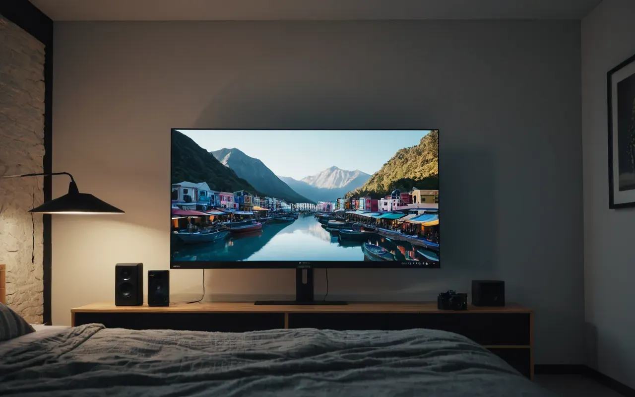 Wide shot of a modern minimalist bedroom with a large ultrawide monitor displaying abstract colorful graphics in dim ambient light