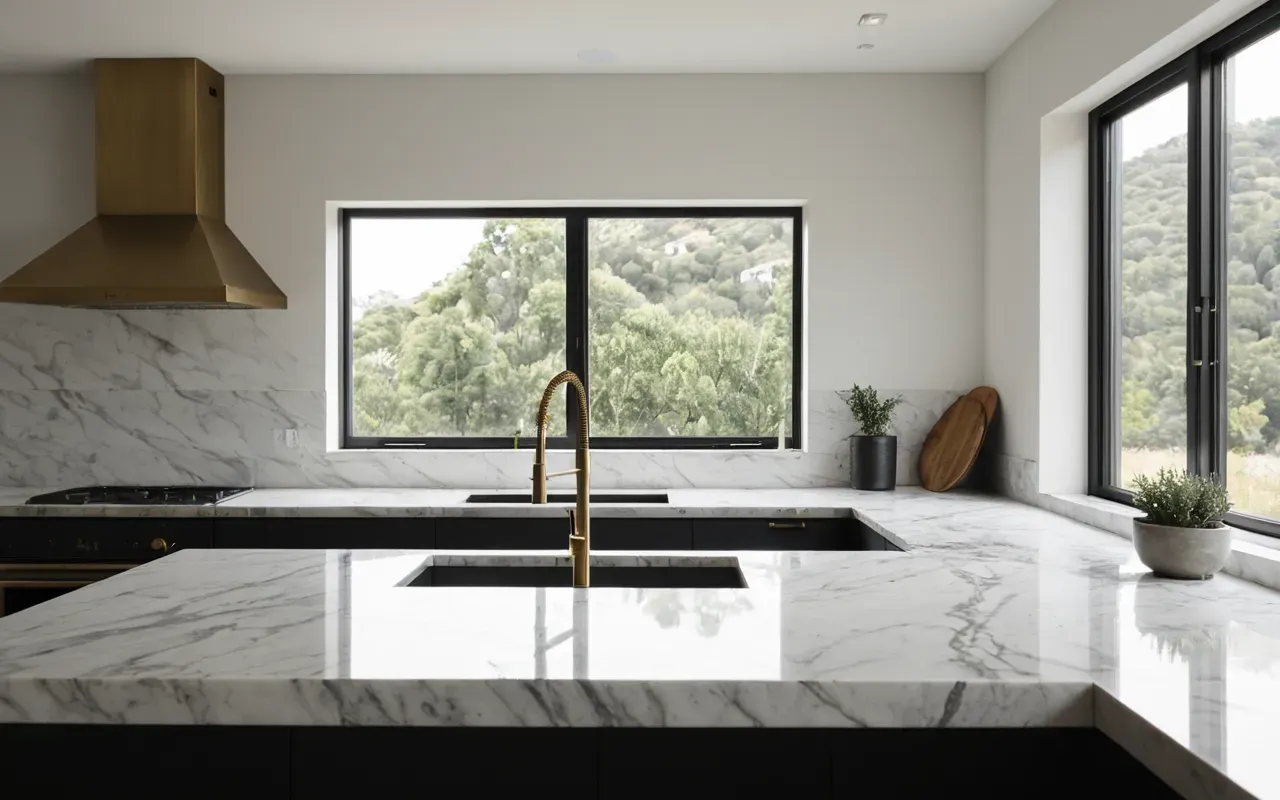 Wide shot of a modern minimalist kitchen interior with marble countertops and brushed brass fixtures, soft natural daylight streaming through large windows, creating clean editorial photography aesthetics without any text or signage