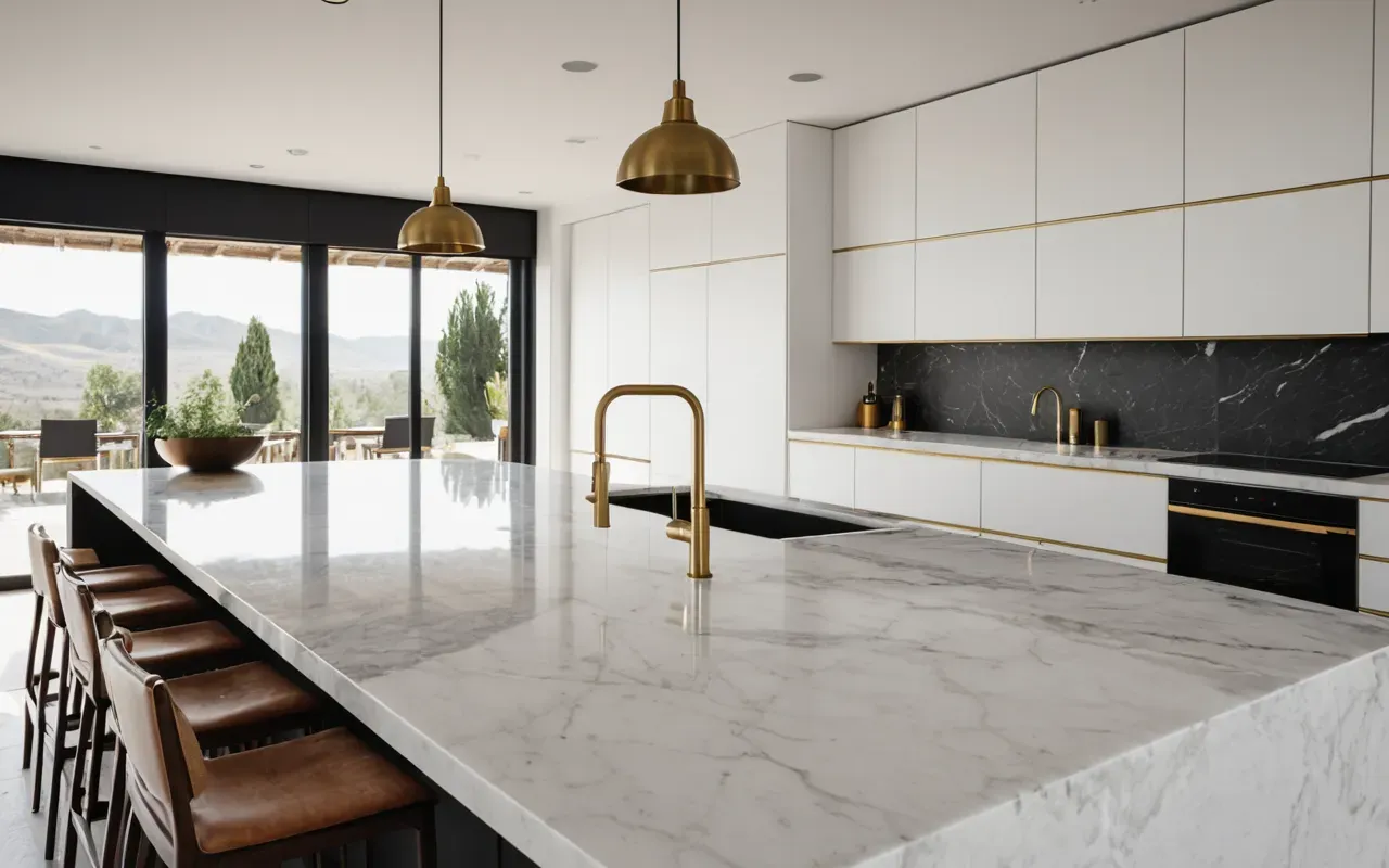 Wide shot of a modern minimalist kitchen interior with marble countertops and brushed brass fixtures soft natural daylight illuminating the clean surfaces editorial photography style