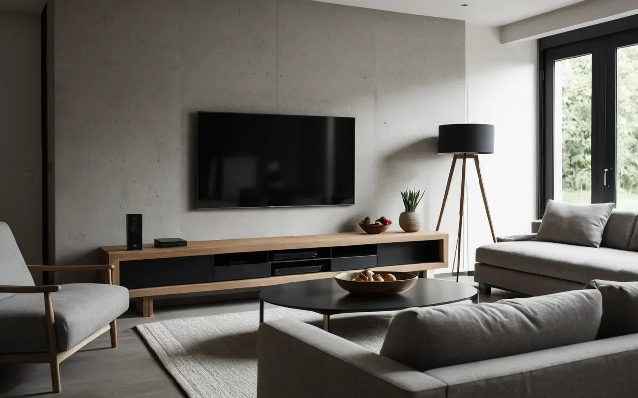 Wide shot of a modern minimalist living room with a large flat screen television mounted on the wall and comfortable seating arrangement in neutral tones