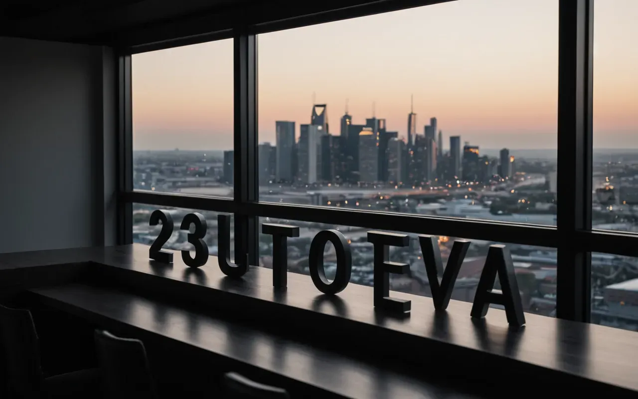 Wide shot of a modern minimalist room with large windows showing a view of a city skyline at dusk with interior lighting warm and inviting creating contrast