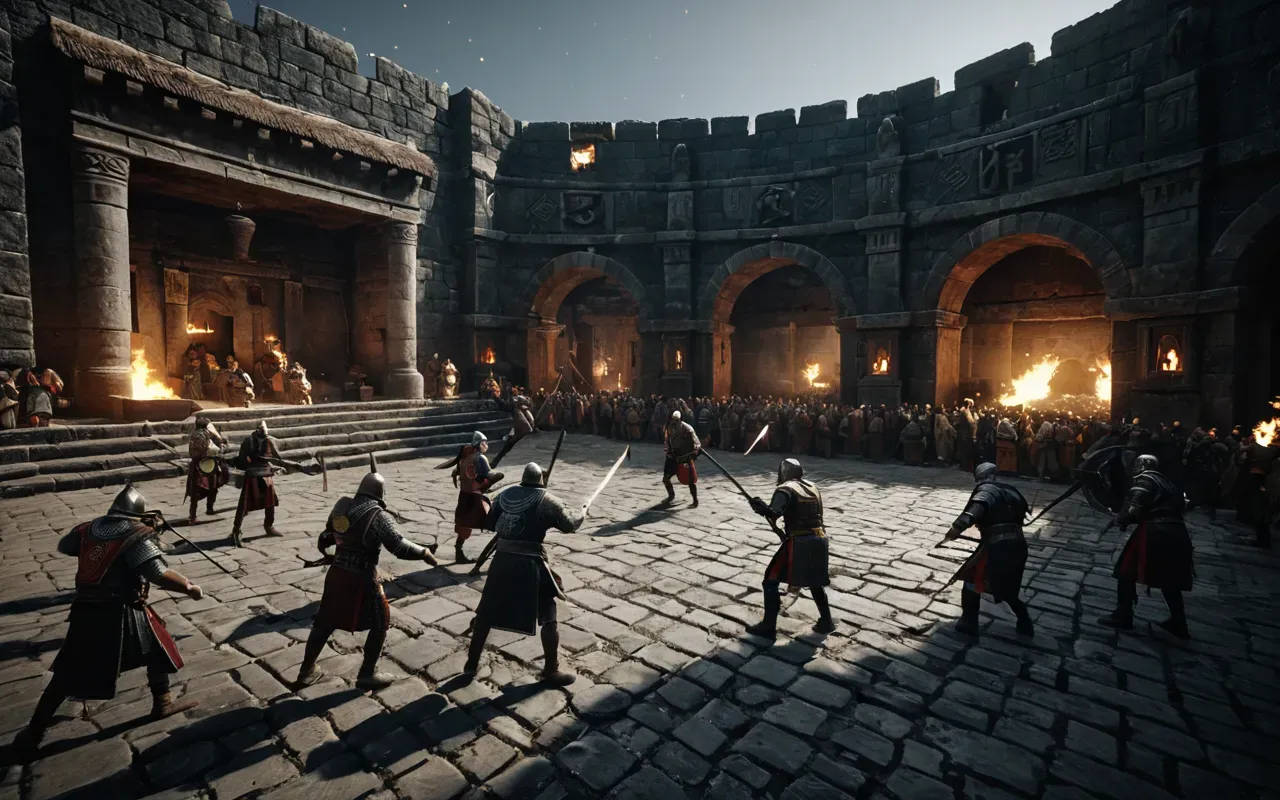 Rex Infernus boss fight A chaotic battle scene in a dark stone arena with multiple glowing enemy figures attacking players who are shooting from cover near large ring structures.