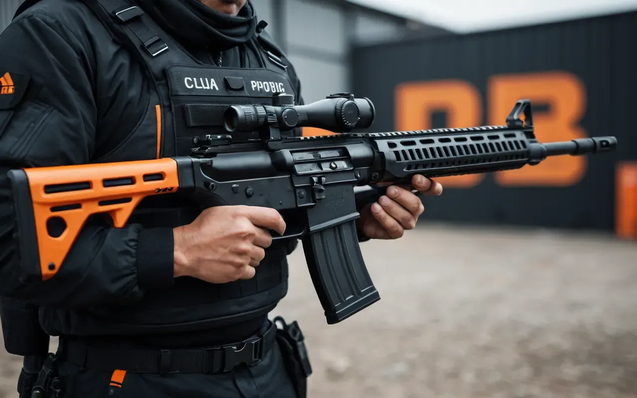 XM325 weapon design A close-up of a futuristic assault rifle with orange and black details held in two hands against a blurred industrial background with soft focus lighting.