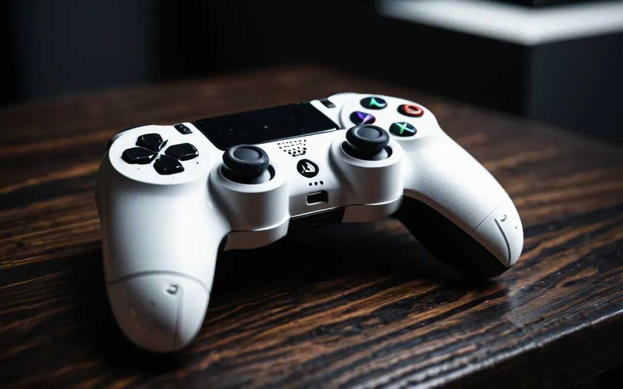 A close-up of a game controller with textured grip surfaces resting on a dark wooden surface. Soft lighting highlights the buttons and thumbsticks.