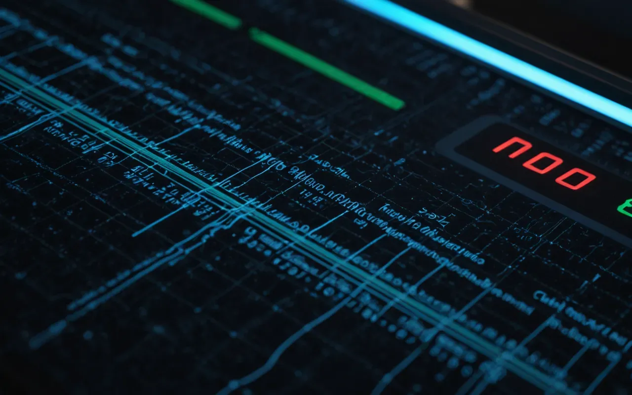 A close-up of a glowing blue digital interface floating over a dark tactical map with red and green data streams flowing across the surface without any text or numbers visible.