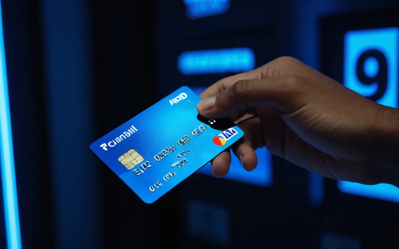A close up of a hand holding a credit card near a glowing holographic interface displaying a price tag symbol in a dark room with blue ambient lighting.