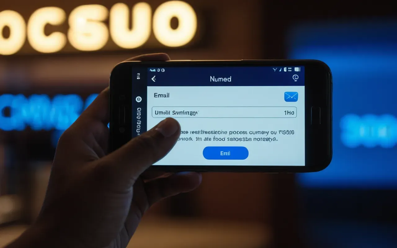 email verification mobile view A close up of a hand holding a smartphone showing a blurred email verification interface in a dimly lit room with blue ambient lighting