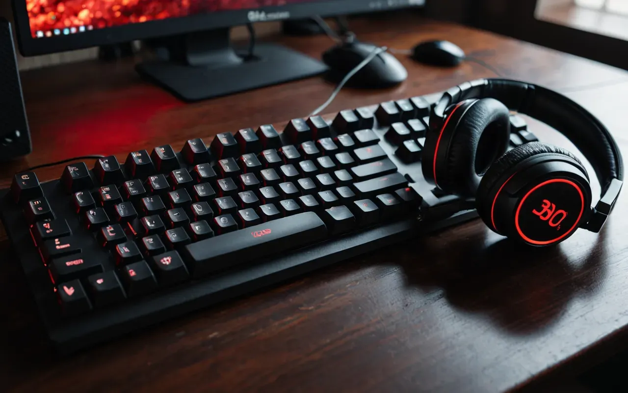 A close-up of a mechanical keyboard with red backlit keys and worn keycaps sitting on a dark wooden desk next to a pair of black gaming headsets resting on the surface.