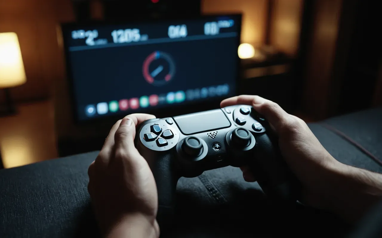 A close up of a player's hands gripping a controller in a dark room. The screen glow illuminates their fingers and the device has no visible branding or text.