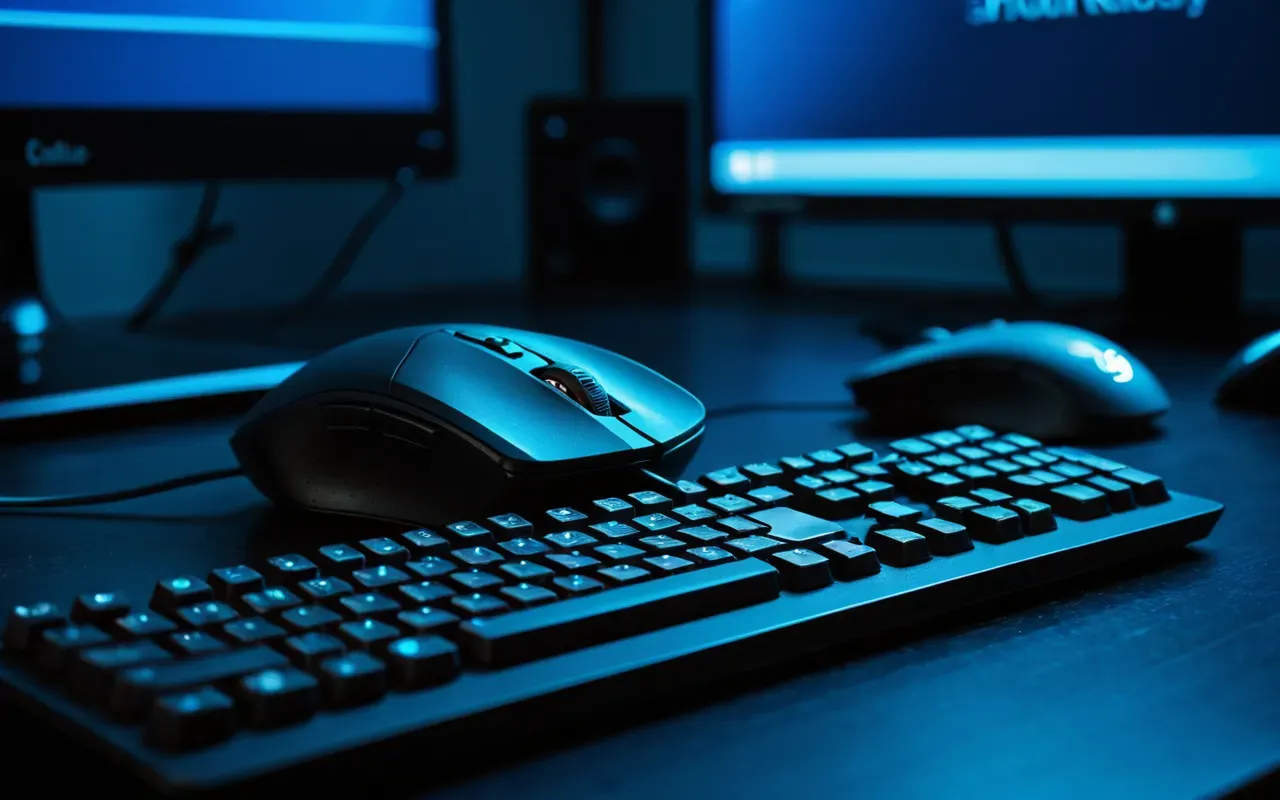 gaming setup mood A close-up photo of a gaming mouse and keyboard on a dark desk with soft blue ambient lighting in the background showing the texture of the plastic without any visible logos or text.