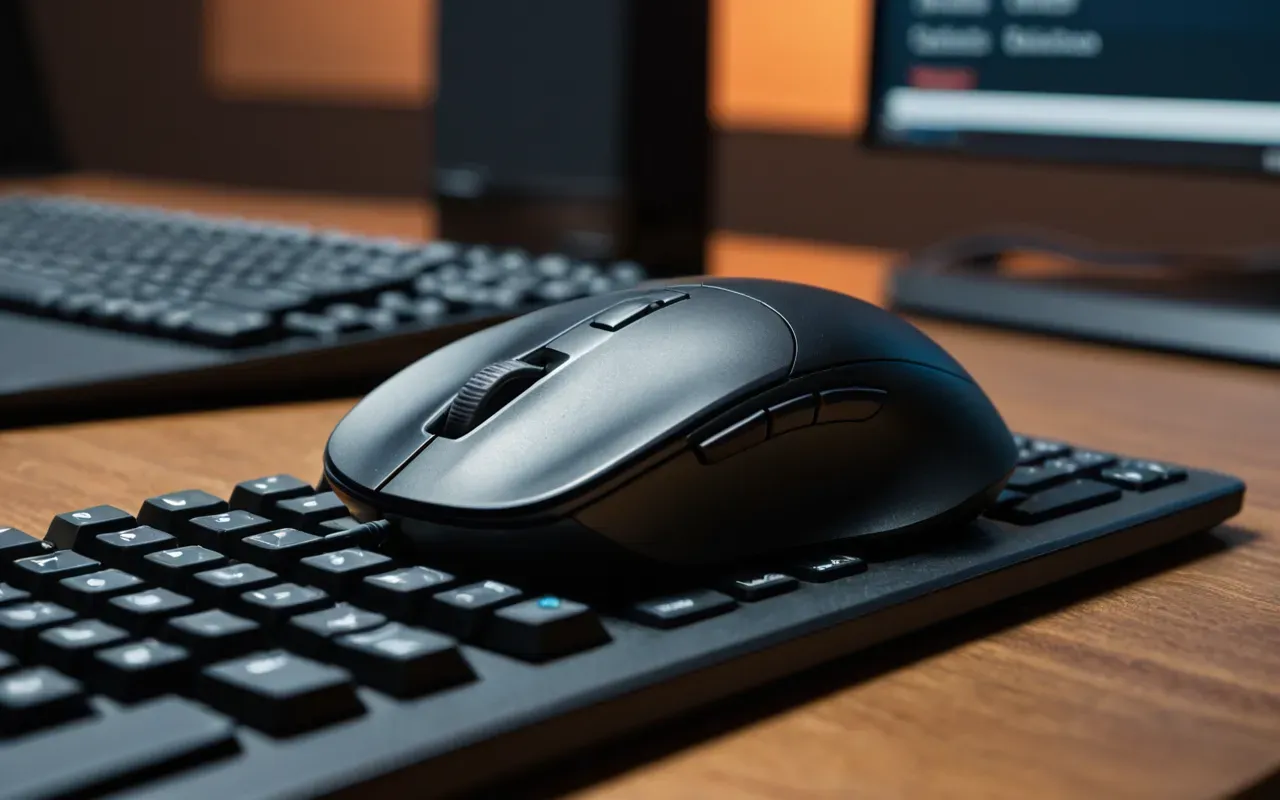 A close up view of a computer mouse on a desk next to a keyboard with soft ambient lighting and no visible screens or text.