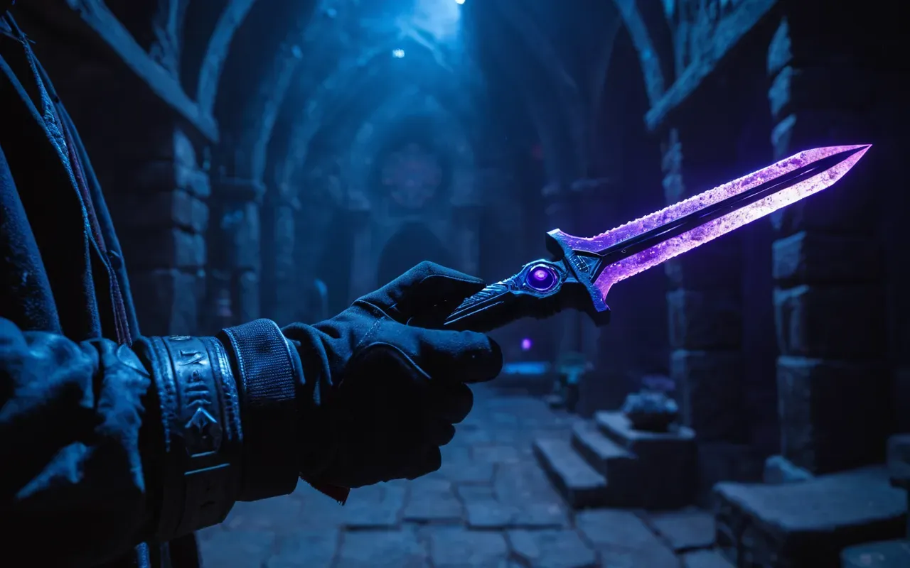Void Claw weapon visual A close-up view of a futuristic glowing purple claw weapon held by a gloved hand in a dark dungeon environment with blue ambient lighting and floating dust particles.