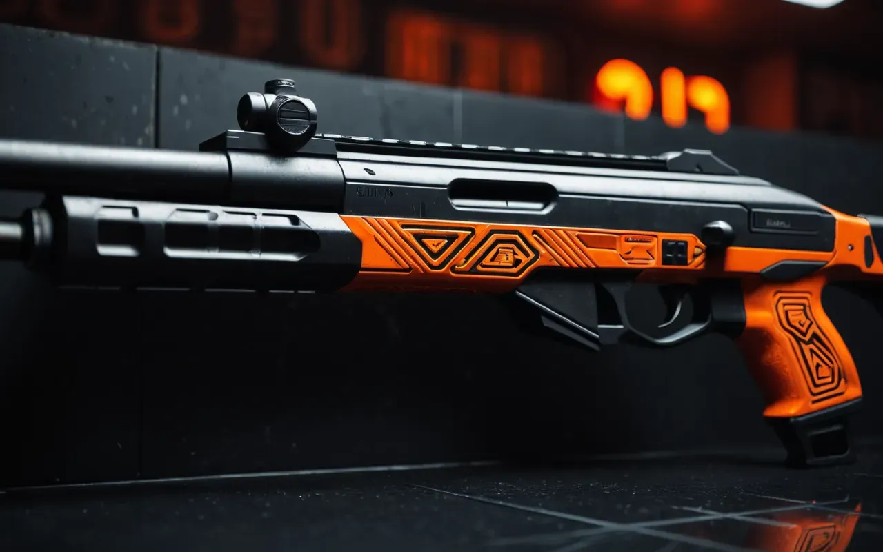 A close-up view of a futuristic shotgun with glowing orange and black geometric patterns on its barrel, resting on a dark metallic surface under dim red emergency lighting.