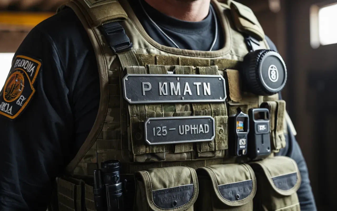 tactical gear A close-up view of a tactical vest covered in various fabric patterns and gear attachments. The lighting is harsh and industrial, highlighting the texture of the materials. In the background, blurred silhouettes of other soldiers move through a dusty corridor, creating a sense of urgency and preparation.