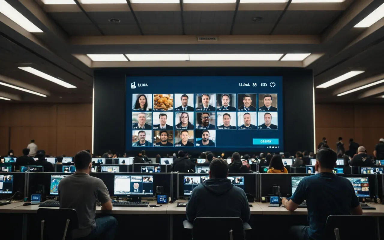 competitive gaming A crowded digital lobby represented by a large screen displaying multiple player profiles and avatars. The room is filled with people sitting at desks, all focused on their screens. The atmosphere is tense and competitive, with bright monitor light reflecting off faces in the dim environment.