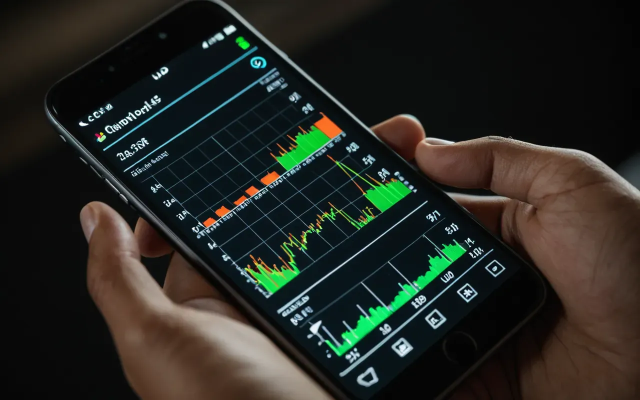 camo tracking tools A detailed view of a smartphone screen held by hands displaying colorful charts and graphs with bright green lines trending upwards against a dark background.