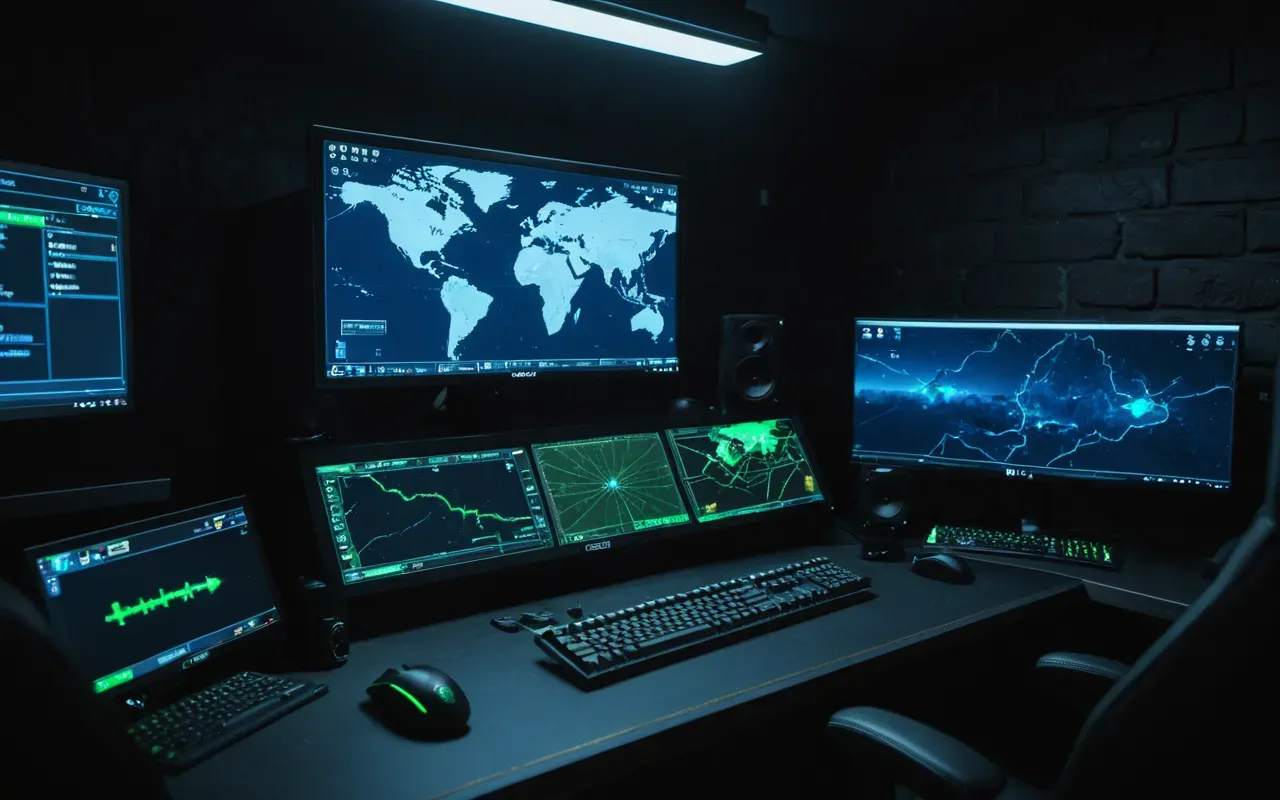 gaming setup A dimly lit gaming room with a high-end PC setup glowing blue in the dark. The monitor displays a tactical map interface with green waypoints and red threat zones. Cables are neatly organized behind the desk, creating a clean, professional aesthetic focused on competitive readiness.
