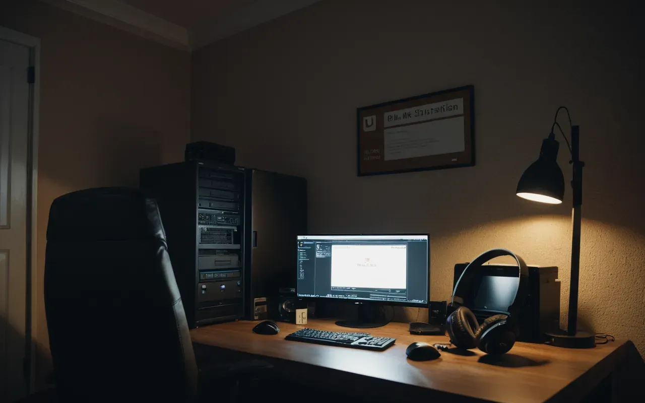 A dimly lit room with a computer tower and headset on a desk illuminated by a single soft lamp creating gentle shadows.