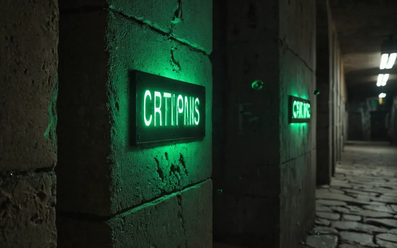 A dimly lit underground corridor with green glowing orbs floating near the walls and a single shotgun leaning against a cracked concrete pillar in the background.