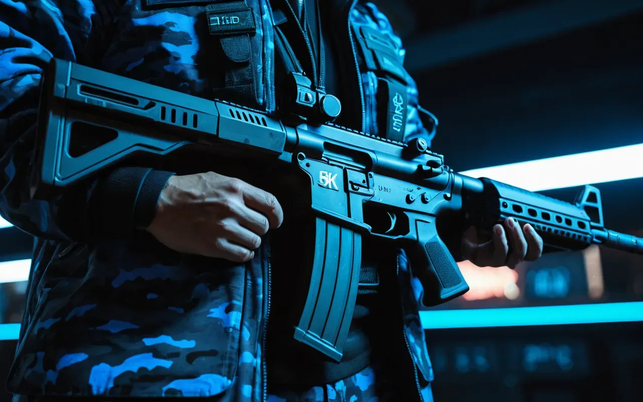 futuristic weapon camo visual A first person view holding a futuristic assault rifle with a glowing blue camo pattern in a dark tactical environment with neon lighting accents