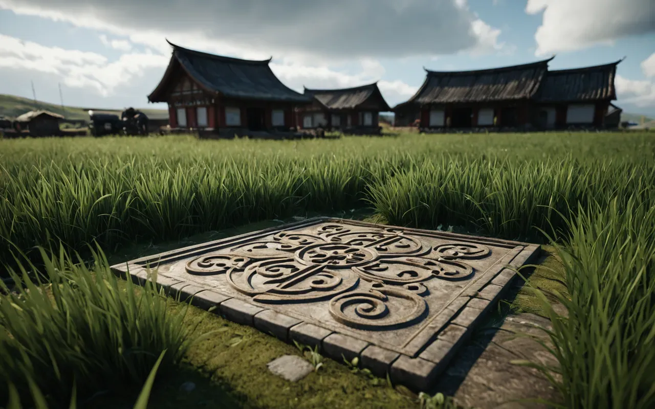 A first person view of a video game map with realistic grass textures and soft shadows under a cloudy sky without any HUD elements or text.