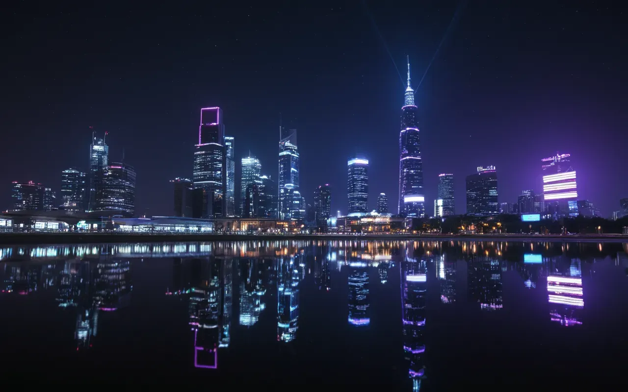 A futuristic city skyline at night with tall glass towers reflecting blue and purple lights in a calm dark sky.
