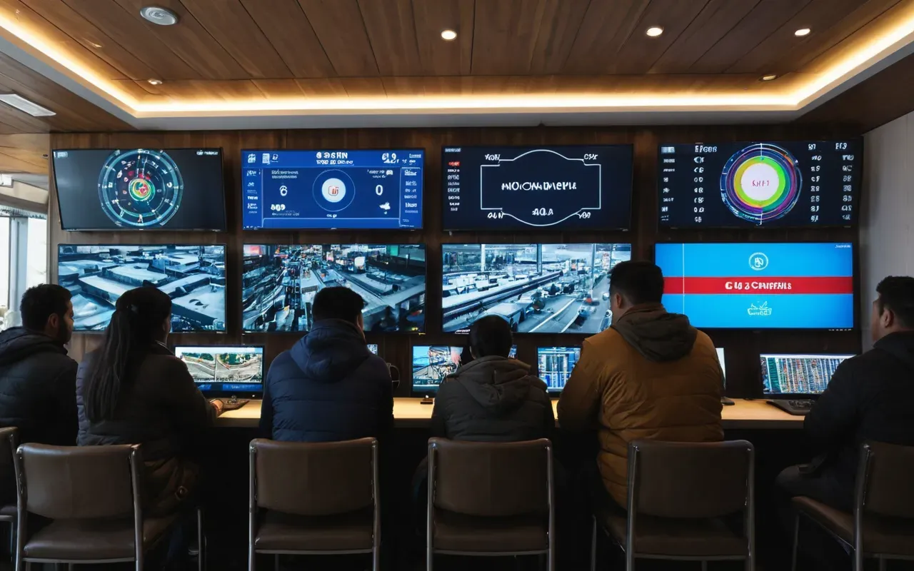 A group of people sitting in a room with multiple screens displaying colorful graphics. The atmosphere is energetic and focused.