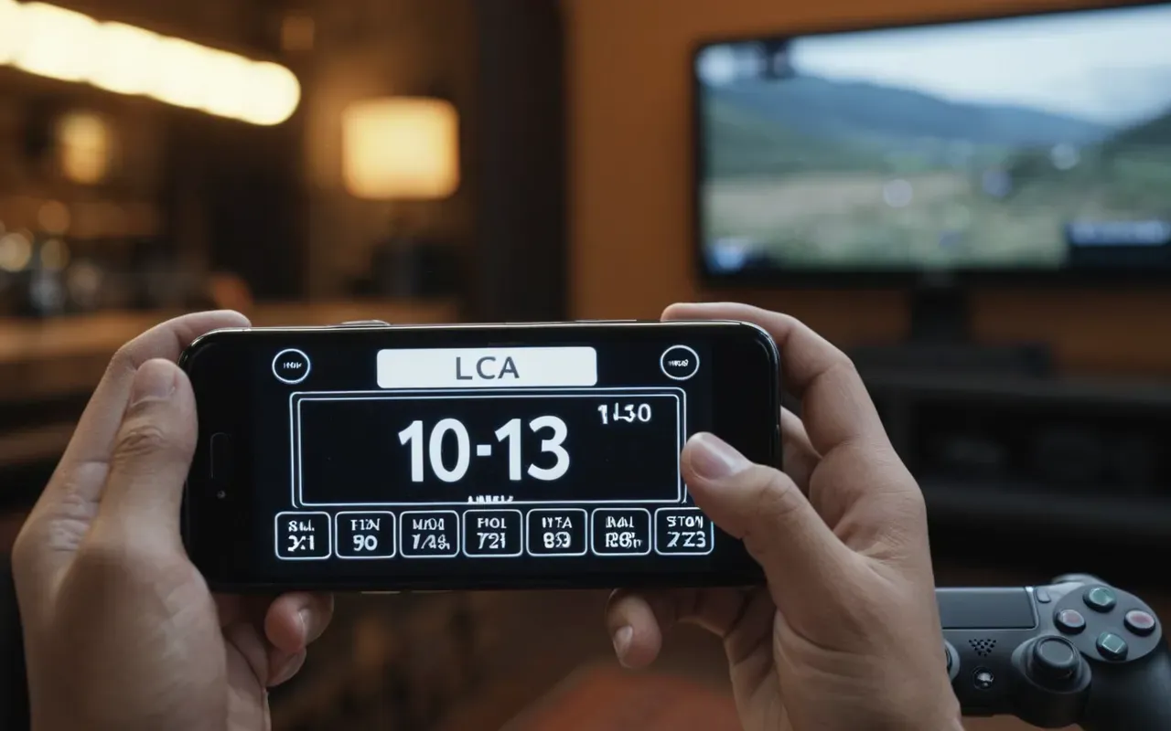 time management A hand holding a smartphone displaying a countdown timer with large digital numbers. The background is blurred but shows a gaming controller and a headset on a desk. The focus is sharp on the phone screen, emphasizing the urgency of time management for gamers.