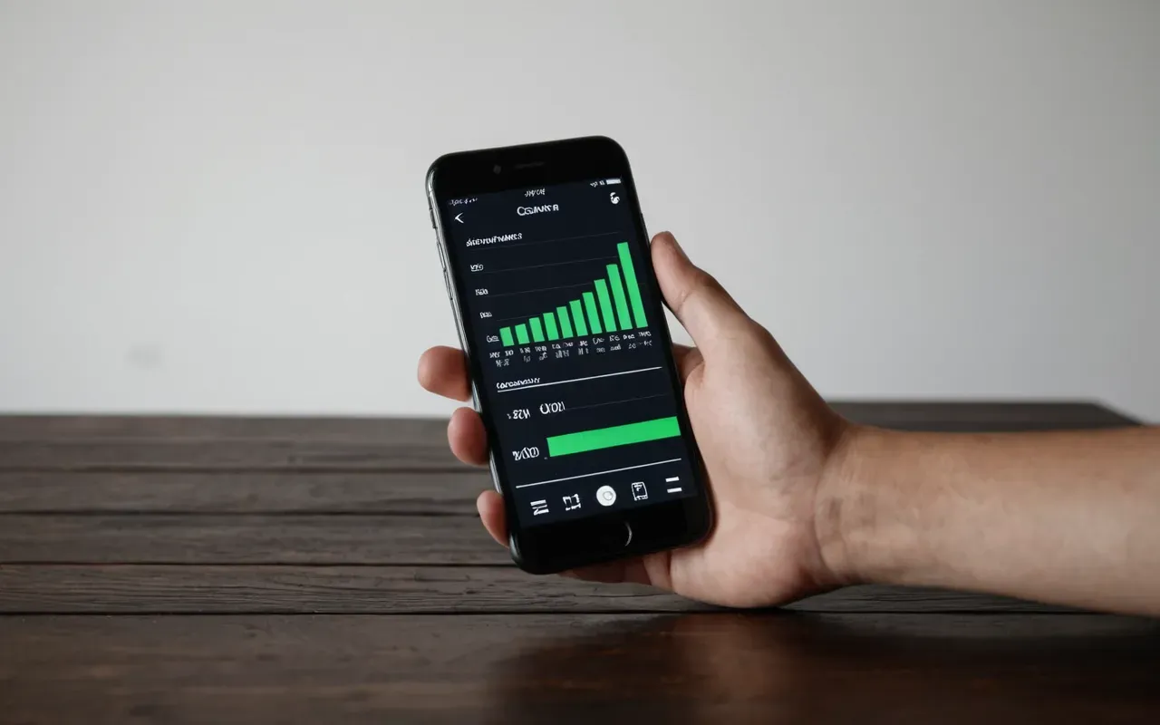A hand holding a smartphone displaying a simple bar graph with rising green bars against a white background held over a dark wooden table surface.