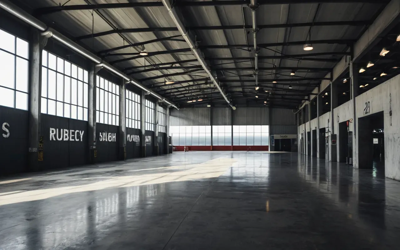A modern industrial interior with concrete floors and exposed metal beams illuminated by cold white overhead lights creating sharp shadows across the polished surface.