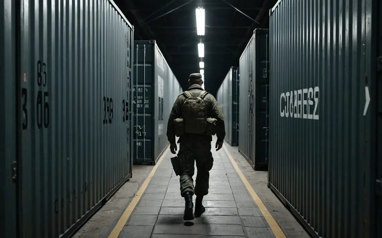 A narrow corridor filled with stacked metal shipping containers under dim industrial lighting. A single soldier moves quickly through the gap between two large rusted boxes.