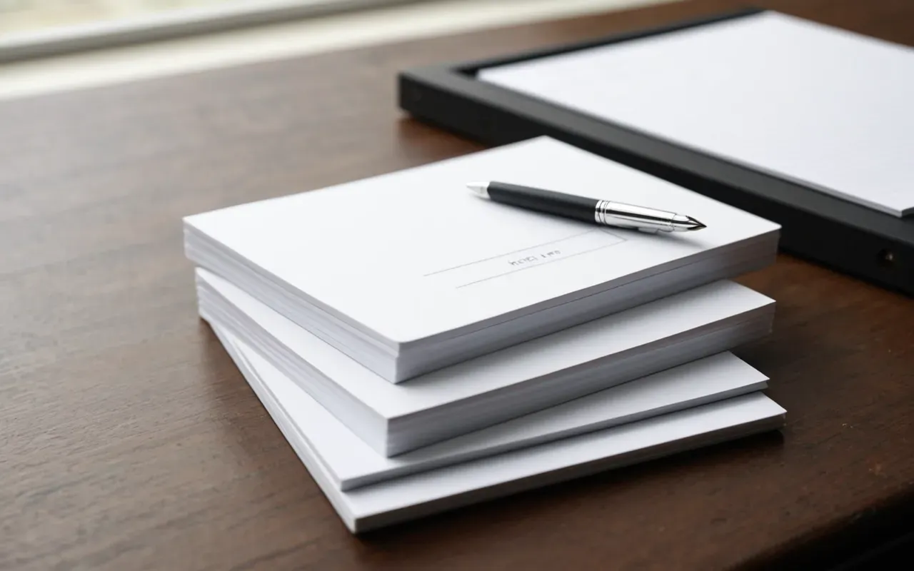 A neat stack of white notepads on a clean desk surface with a silver pen resting diagonally across the top page in soft natural light.