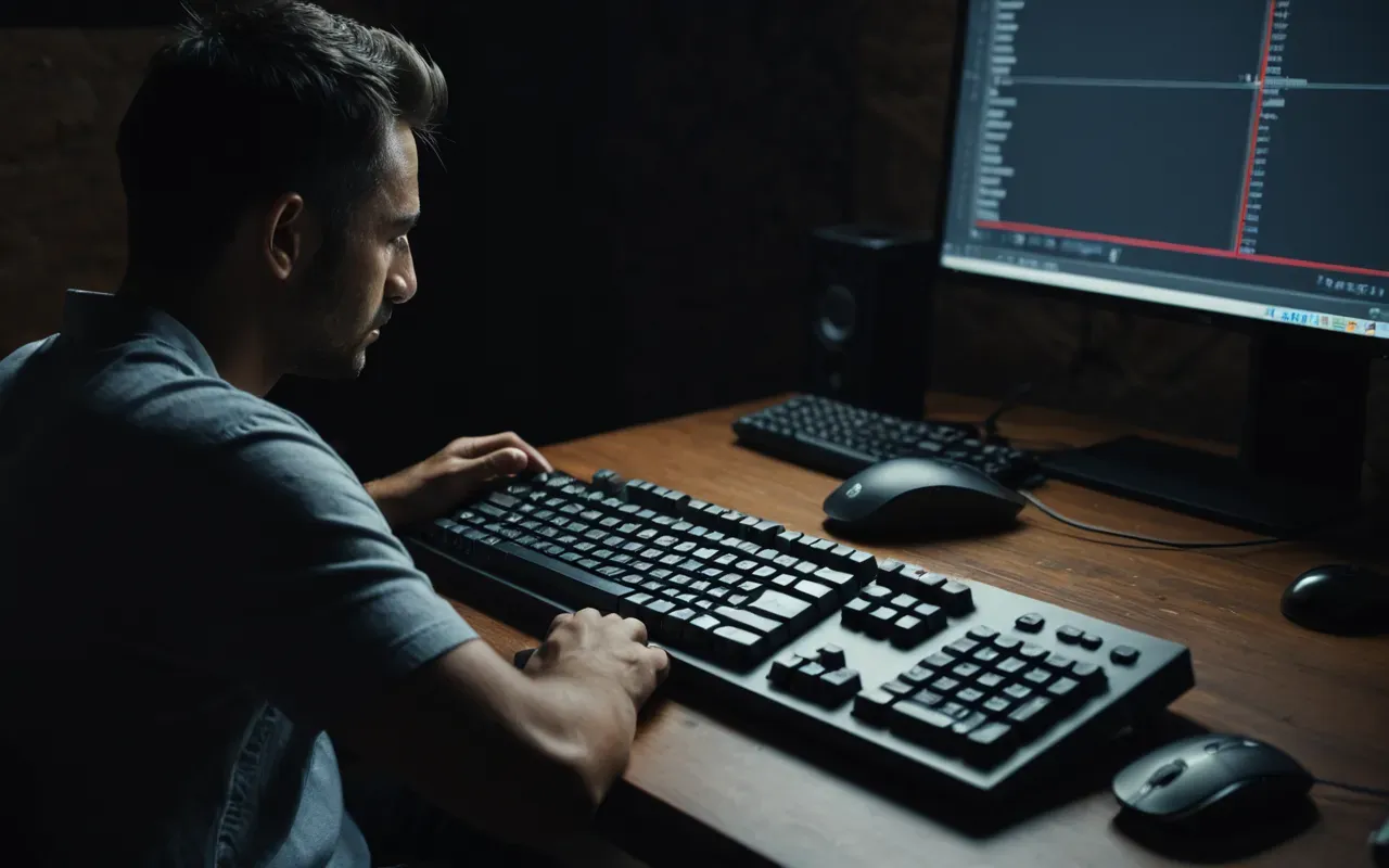 A person sitting at a desk in dim lighting with their hands resting on a mechanical keyboard and mouse looking tired while staring into the dark room.