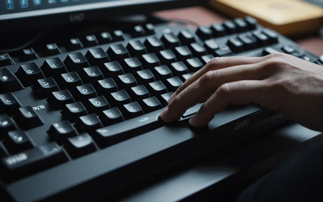A person's hands typing rapidly on a mechanical keyboard with illuminated keys. The background is blurred to focus on the action.
