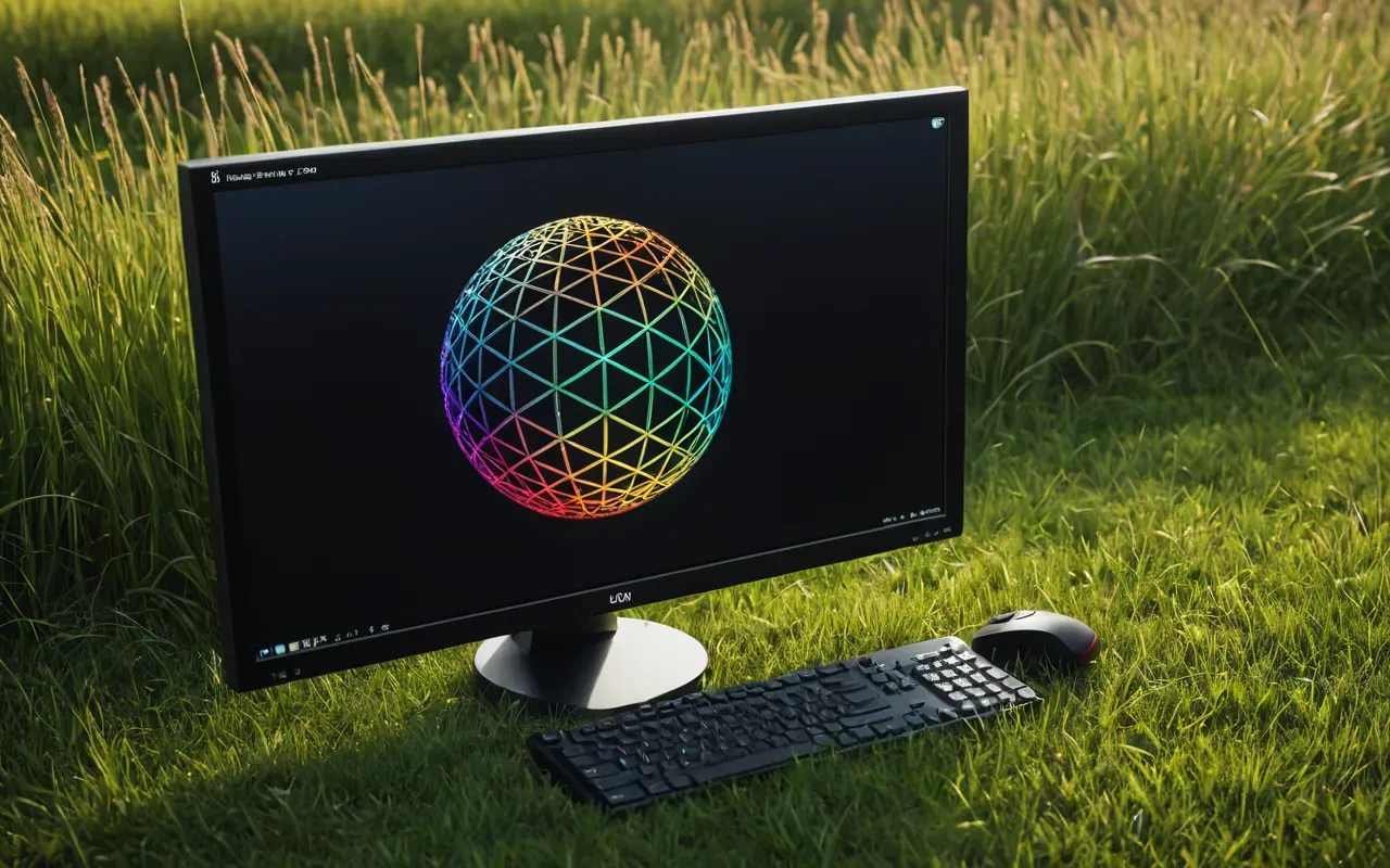 A photorealistic computer screen displaying a colorful geometric sphere pattern against a backdrop of tall grass with strong directional sunlight shadows.
