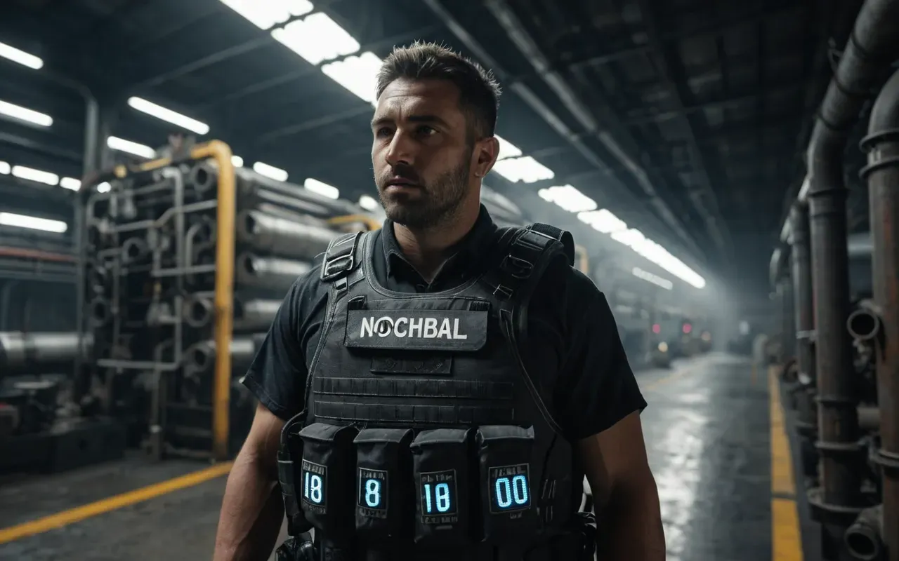 A player wearing a high-tech tactical vest with glowing amber accents standing in a dark industrial room with pipes and steam rising from vents around them.