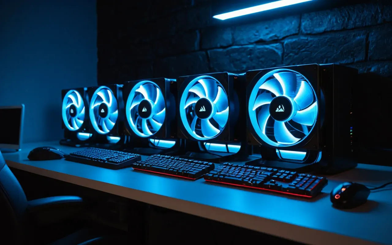 A row of identical white gaming PCs with glowing RGB fans lined up in a dark room with blue ambient lighting reflecting off the glass side panels.