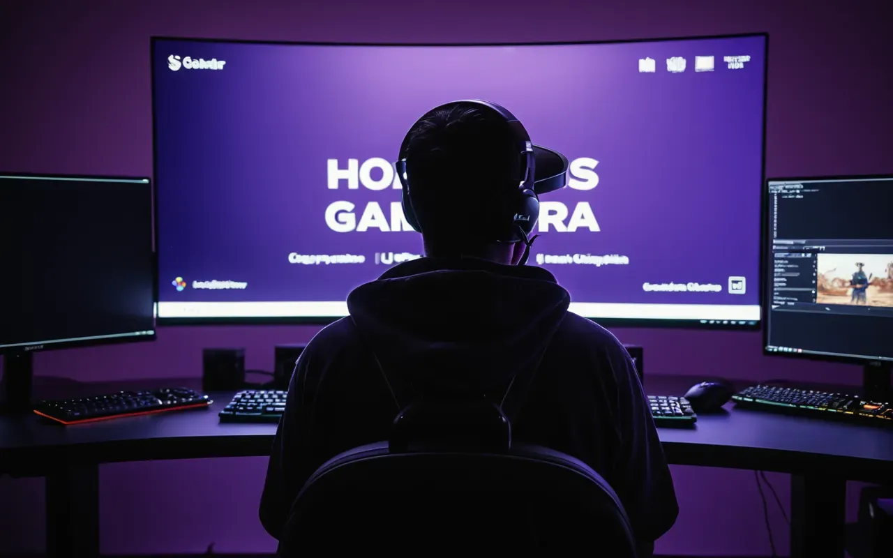 A silhouette of a gamer sitting in front of a large curved monitor with multiple game windows open reflecting on the face in dim purple lighting.