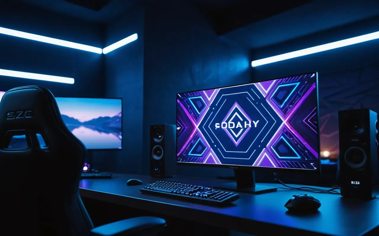 A sleek gaming setup with a glowing monitor displaying abstract geometric shapes in blue and purple tones. The room is dimly lit with ambient LED strips along the desk edge.