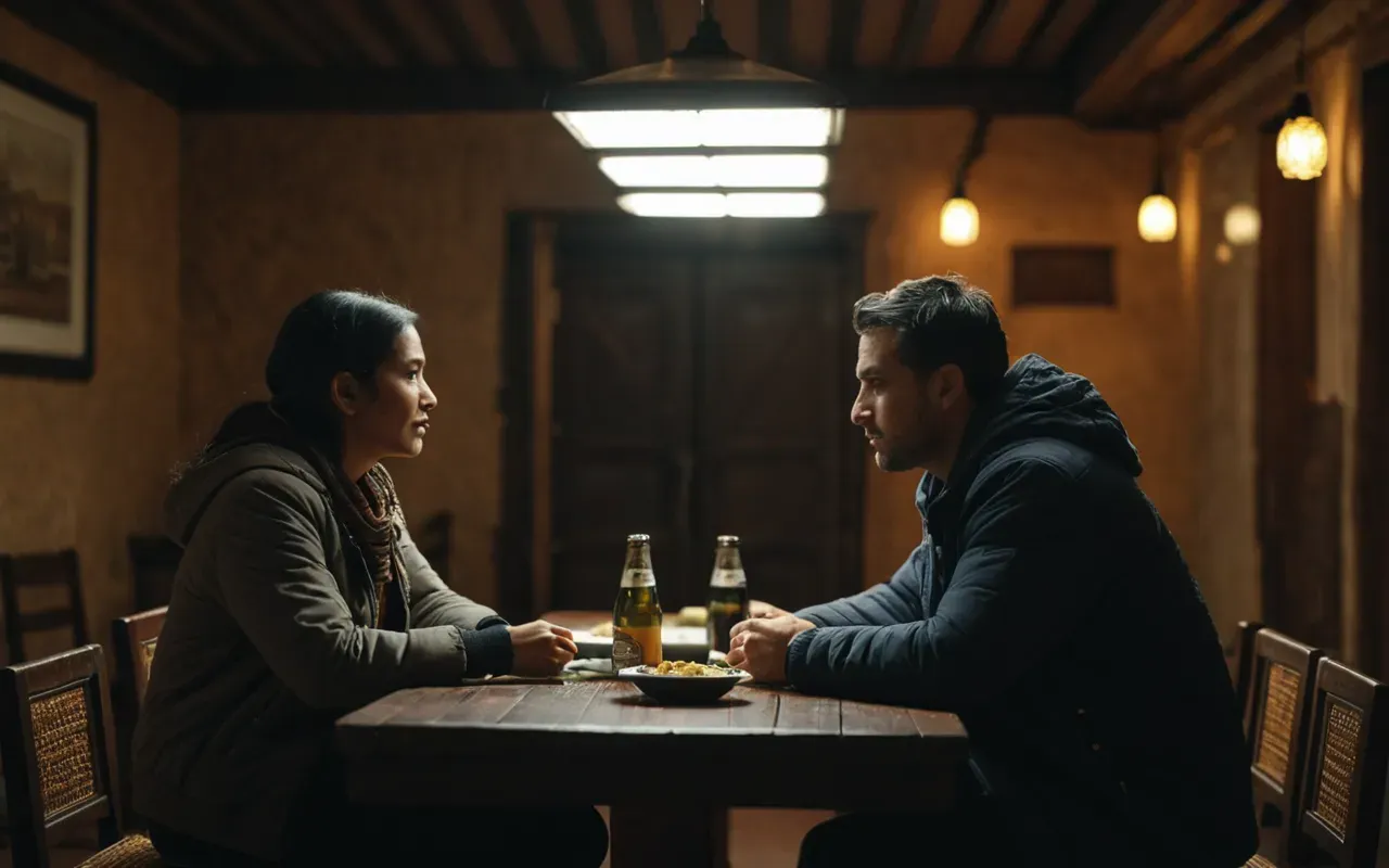 player discussion scene A wide shot of two people sitting at opposite sides of a table in a dimly lit room engaged in intense conversation with warm overhead lighting creating focused shadows.