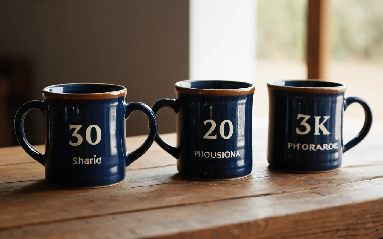 Clean editorial still life of three ceramic mugs on a light wooden table with soft shadows and natural afternoon light coming from the left side