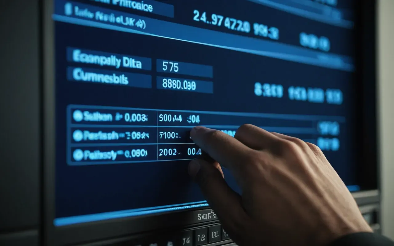 Close-up of a hand adjusting monitor settings on the side panel with soft blue ambient light in the background
