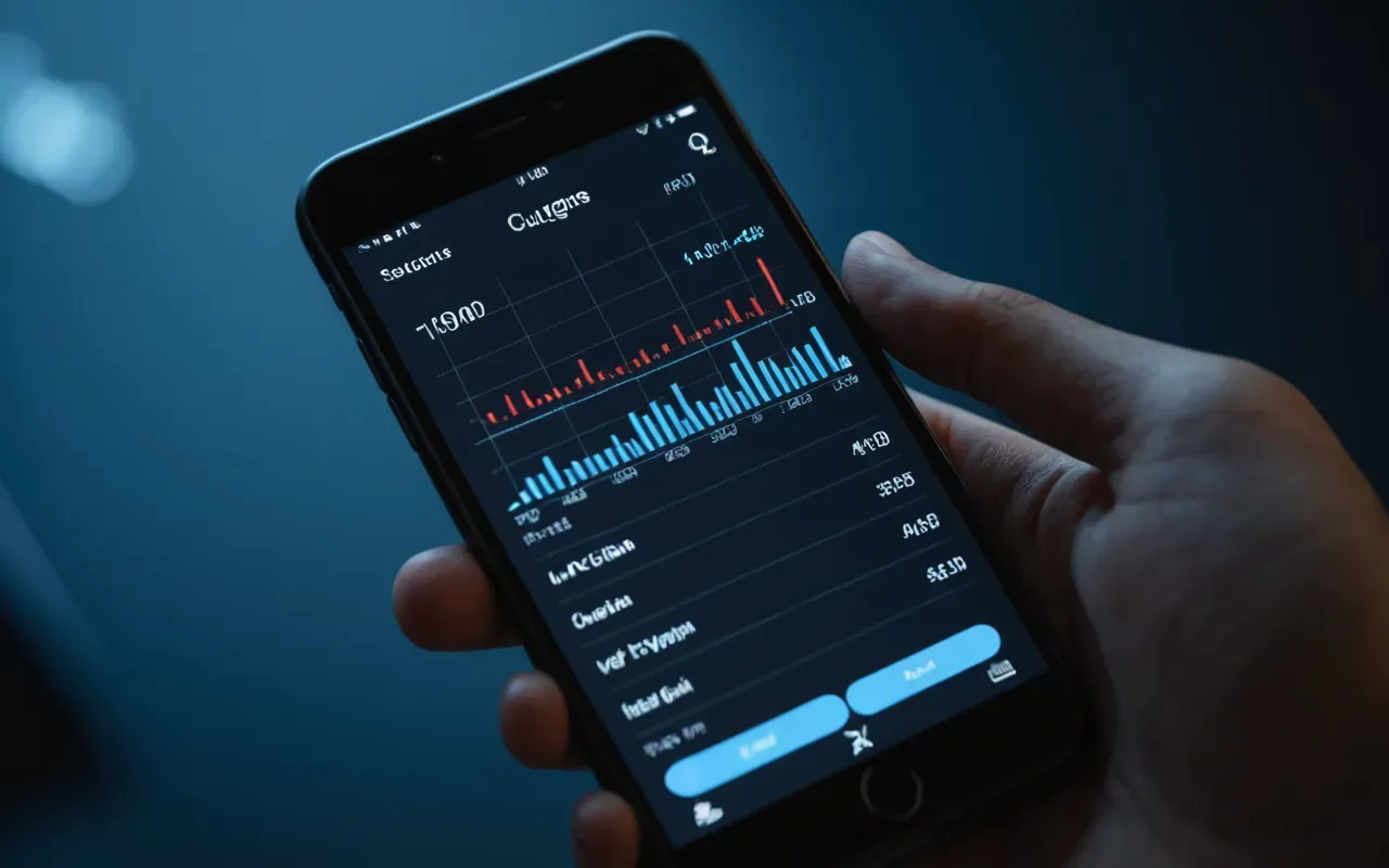 Close up of a hand holding a smartphone displaying abstract data visualization graphs in dark mode, soft blue light reflecting on skin, modern minimal background.