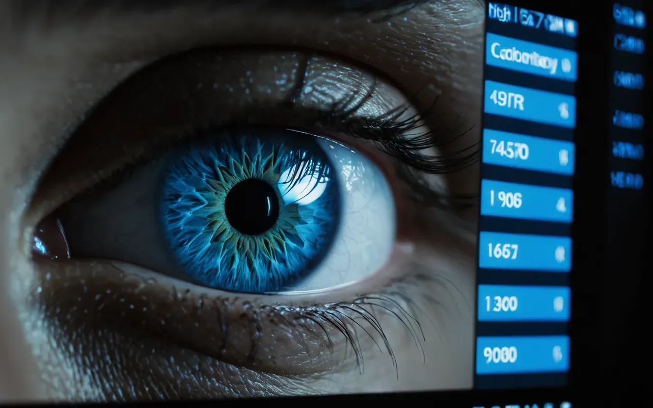 eye strain gaming Close up of a human eye with pupil dilated reflecting bright blue light from a computer screen in a dark room showing high contrast visual stress and focus intensity without any text or logos present