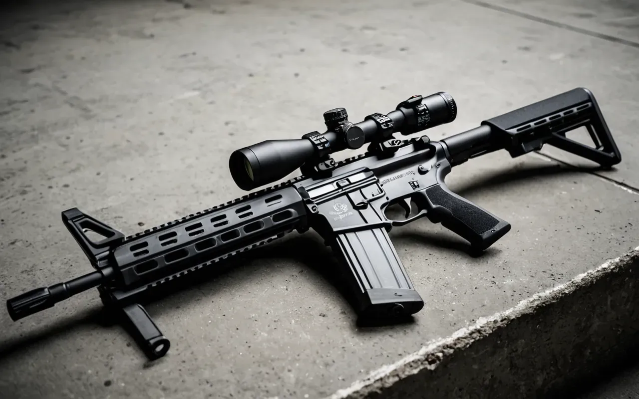 Close-up of a matte black tactical rifle with a standard woodland camouflage pattern resting on a concrete surface, soft diffused studio lighting, neutral tones, no text or logos visible.