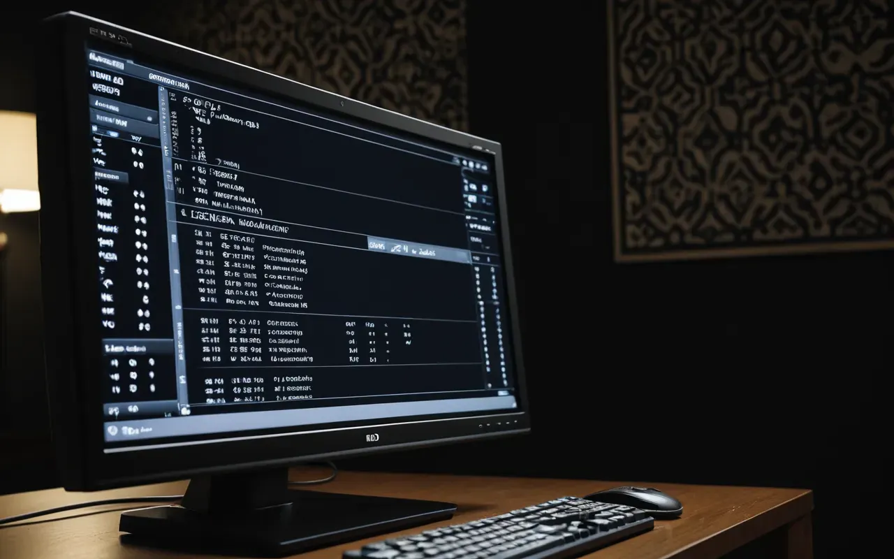 Close-up of a modern computer monitor displaying a dark solid color background next to a high contrast abstract pattern on a secondary screen in a dimly lit room with blue ambient LED lighting and clean desk setup
