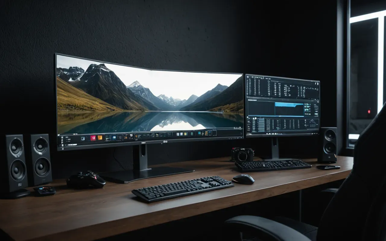 Close-up of a modern dual-monitor gaming setup with dark neutral backgrounds and minimal desk clutter under soft ambient LED lighting