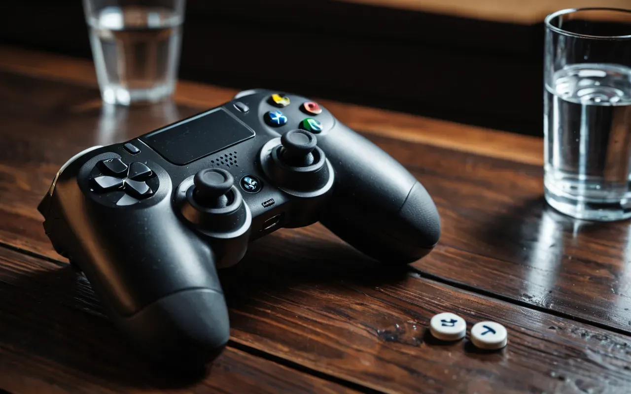 Close-up of a modern gaming controller with worn thumbsticks resting on a dark wooden surface next to a glass of water, soft diffused lighting