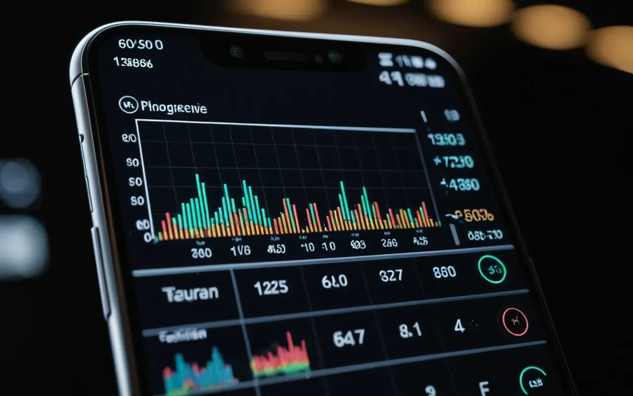 Close-up of a modern smartphone screen displaying a colorful bar graph interface with abstract data points against a dark background, shallow depth of field